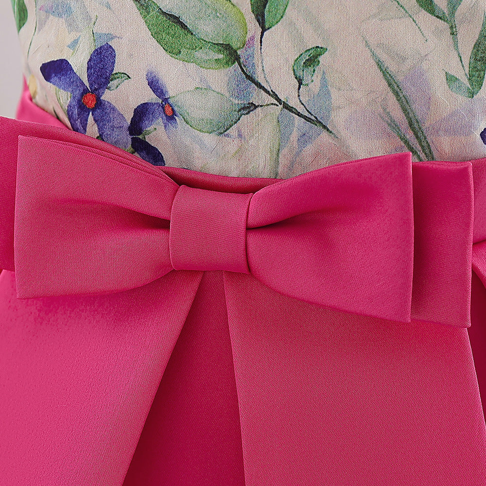 Cute Rose Red Floral Bow Baby Girl Party Dress | 9-24 Months