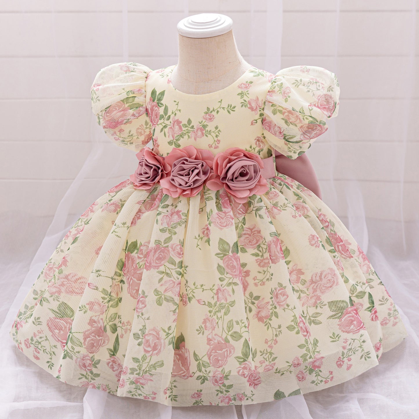 Cute Floral Bow Mesh Puffy Baby Dress – Princess Party & Wedding Gown for 9M-4Y