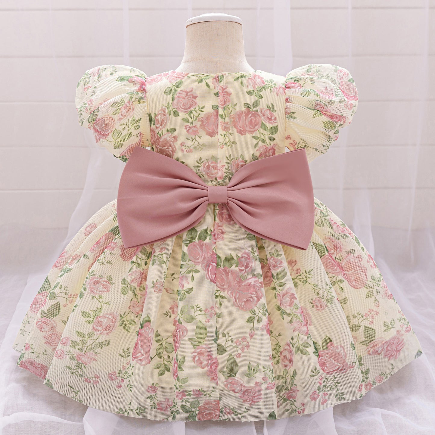 Cute Floral Bow Mesh Puffy Baby Dress – Princess Party & Wedding Gown for 9M-4Y