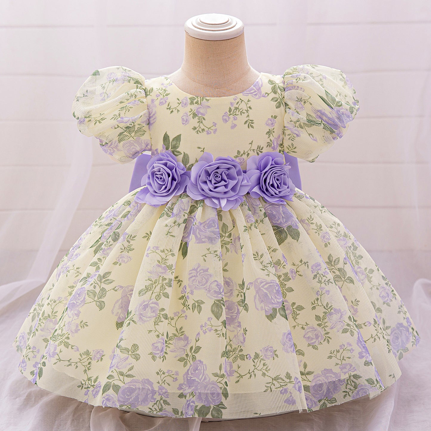 Cute Floral Bow Mesh Puffy Baby Dress – Princess Party & Wedding Gown for 9M-4Y