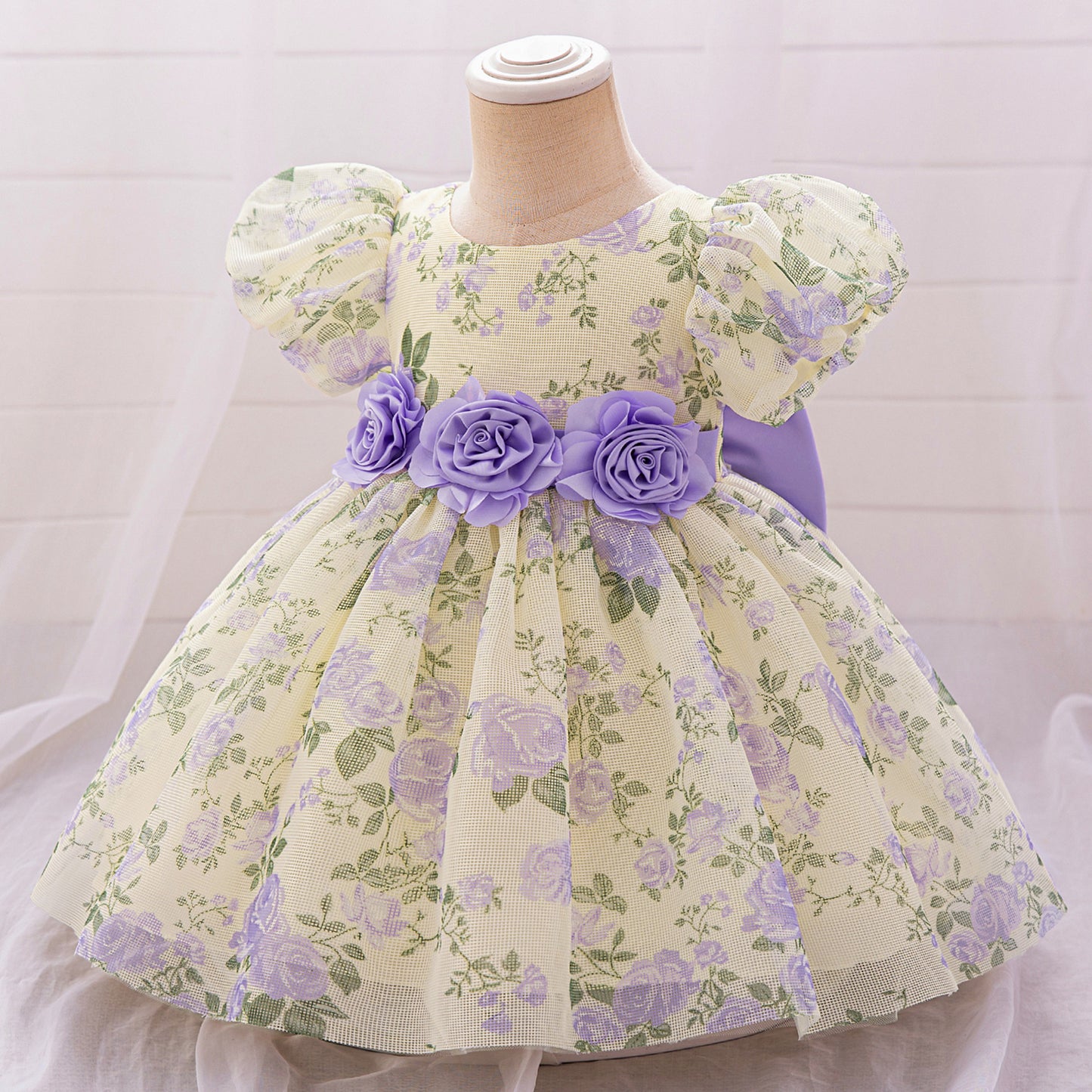 Cute Floral Bow Mesh Puffy Baby Dress – Princess Party & Wedding Gown for 9M-4Y
