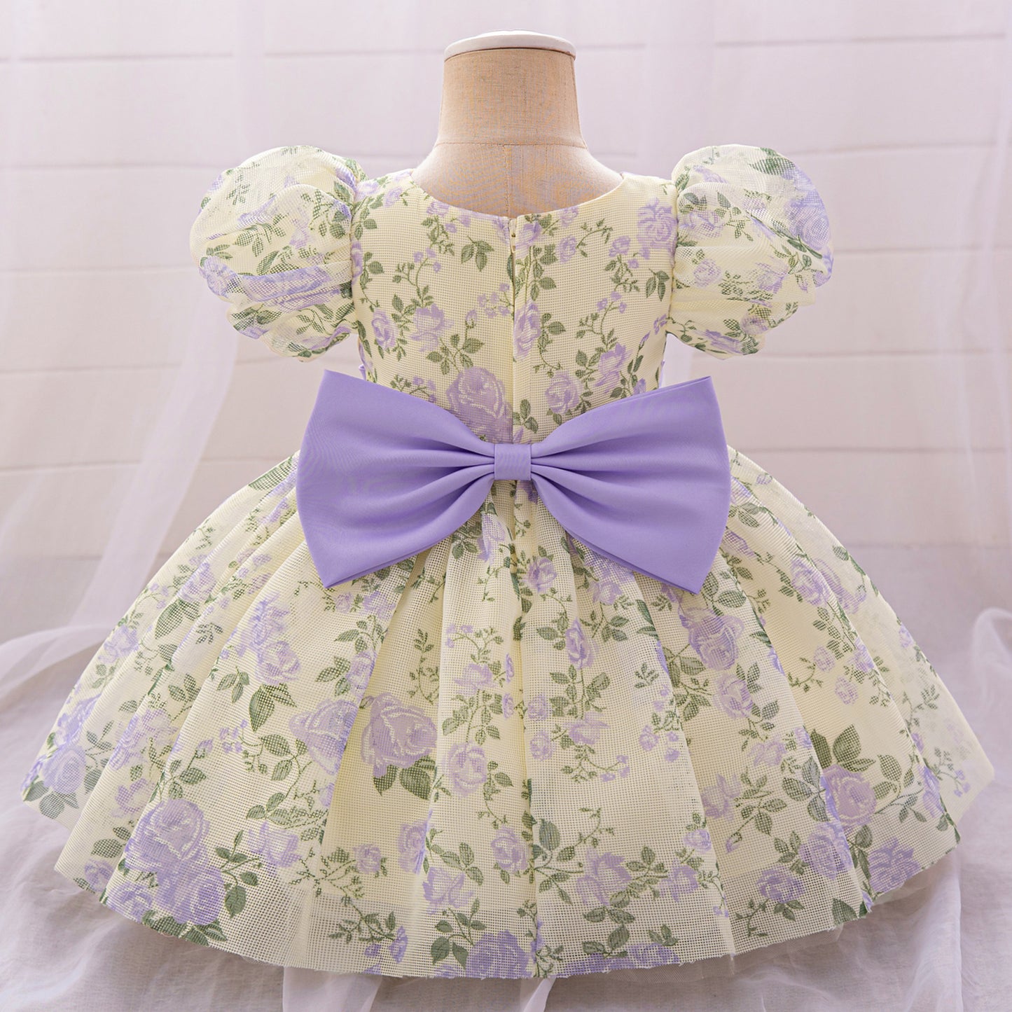 Cute Floral Bow Mesh Puffy Baby Dress – Princess Party & Wedding Gown for 9M-4Y