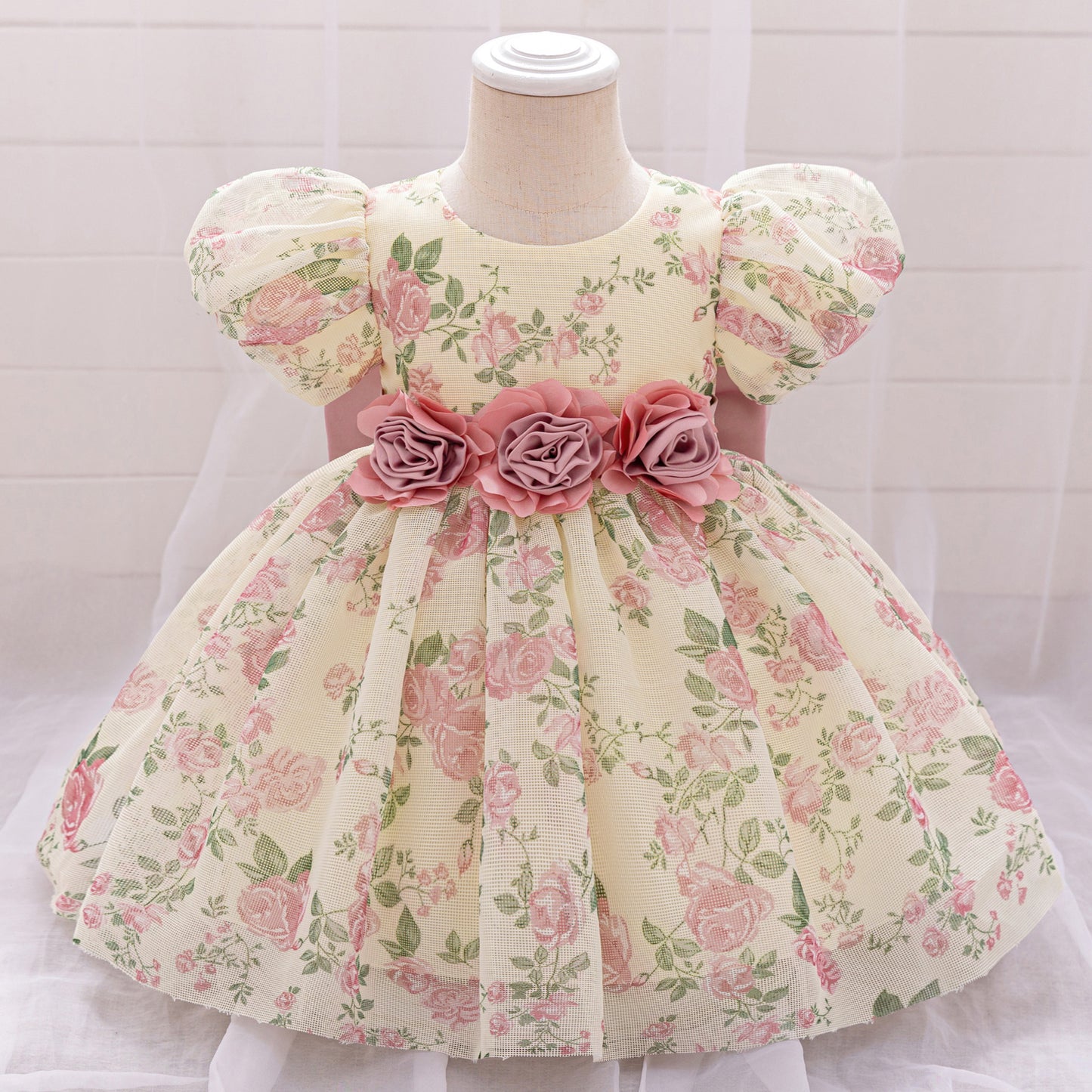 Cute Floral Bow Mesh Puffy Baby Dress – Princess Party & Wedding Gown for 9M-4Y