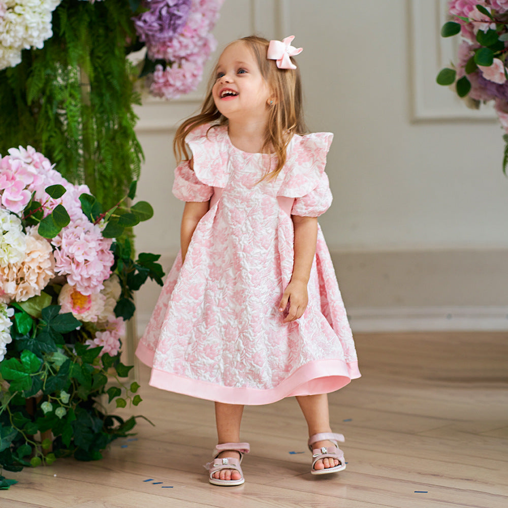 Cute Light Pink Floral A-Line Baby Dress with Puff Sleeves – Perfect for Parties & Photo Shoots