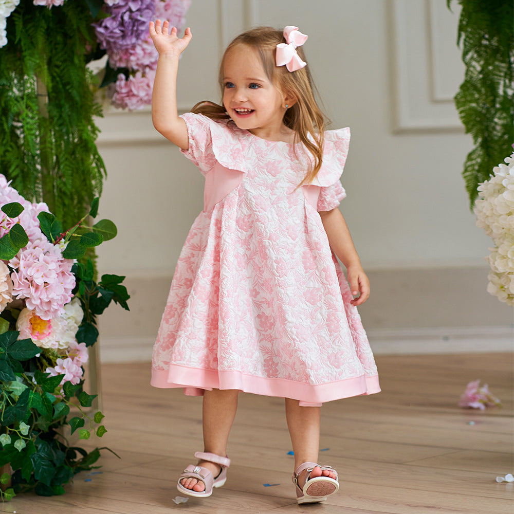 Cute Light Pink Floral A-Line Baby Dress with Puff Sleeves – Perfect for Parties & Photo Shoots