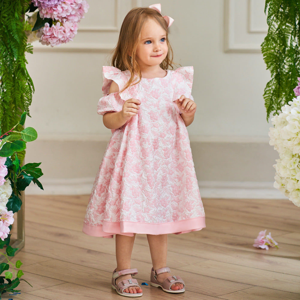 Cute Light Pink Floral A-Line Baby Dress with Puff Sleeves – Perfect for Parties & Photo Shoots