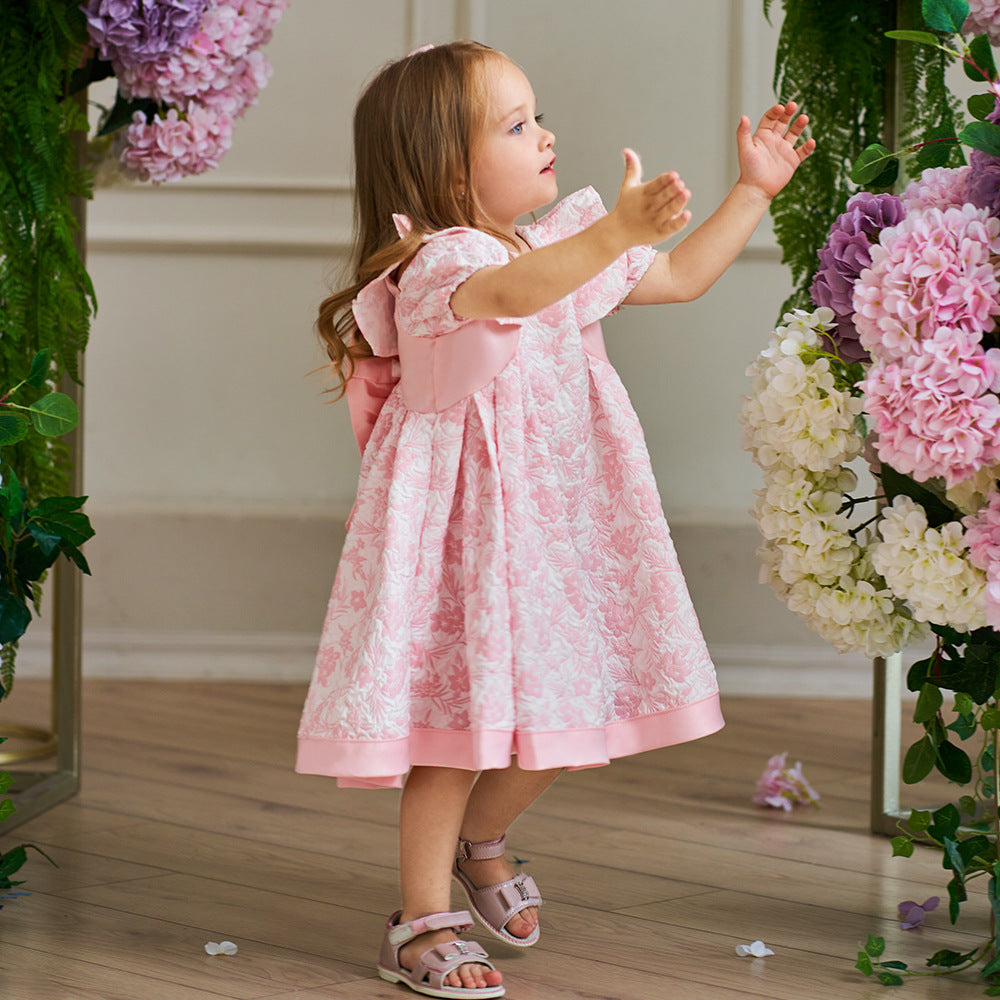 Cute Light Pink Floral A-Line Baby Dress with Puff Sleeves – Perfect for Parties & Photo Shoots
