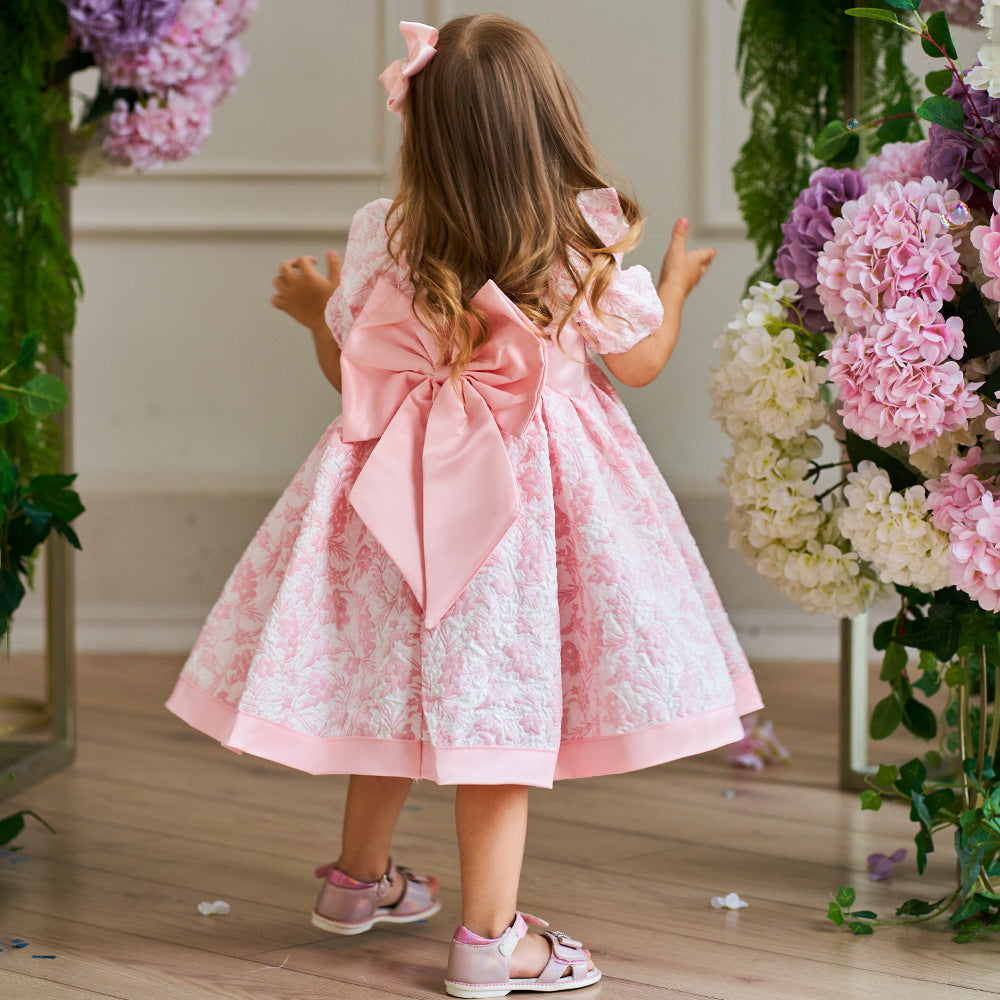 Cute Light Pink Floral A-Line Baby Dress with Puff Sleeves – Perfect for Parties & Photo Shoots