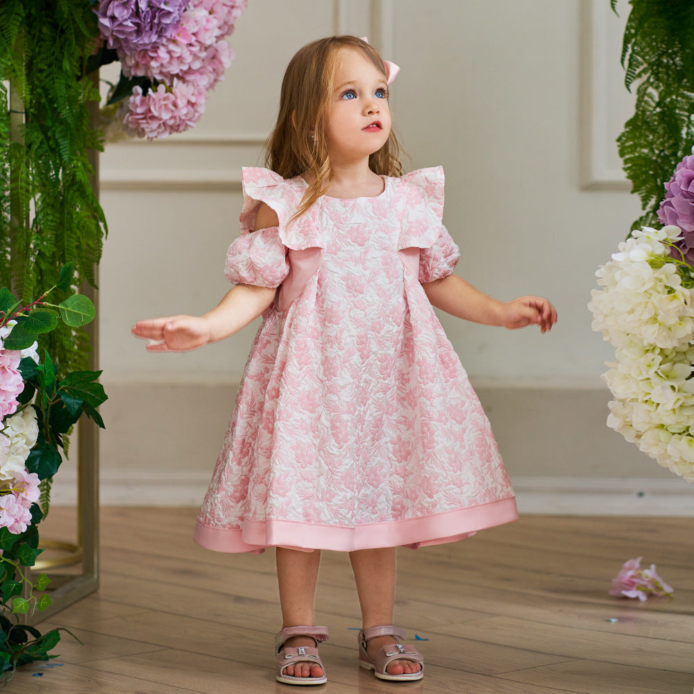 Cute Light Pink Floral A-Line Baby Dress with Puff Sleeves – Perfect for Parties & Photo Shoots