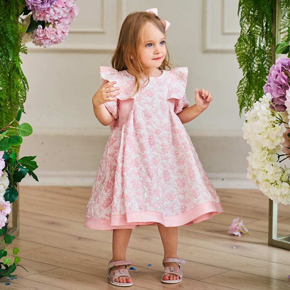 Cute Light Pink Floral A-Line Baby Dress with Puff Sleeves – Perfect for Parties & Photo Shoots