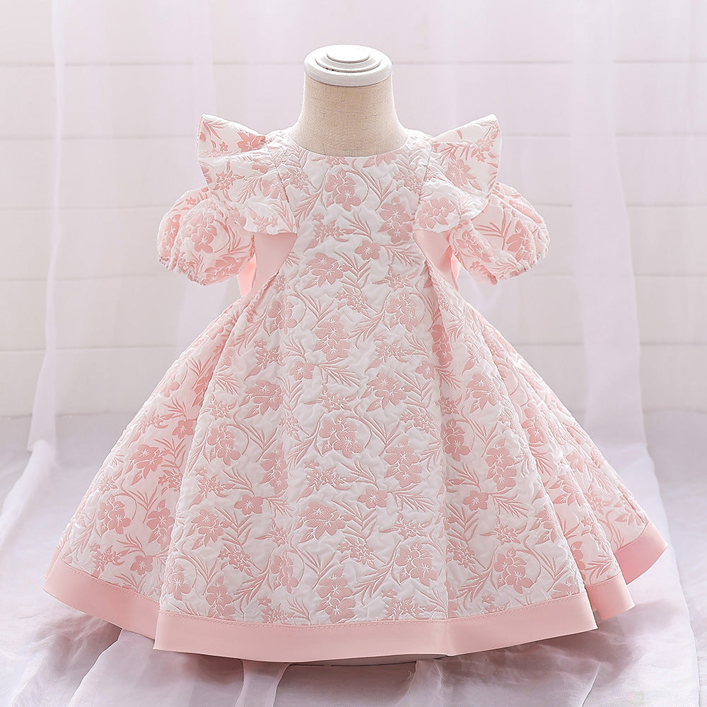 Cute Light Pink Floral A-Line Baby Dress with Puff Sleeves – Perfect for Parties & Photo Shoots
