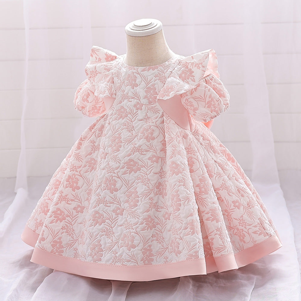 Cute Light Pink Floral A-Line Baby Dress with Puff Sleeves – Perfect for Parties & Photo Shoots