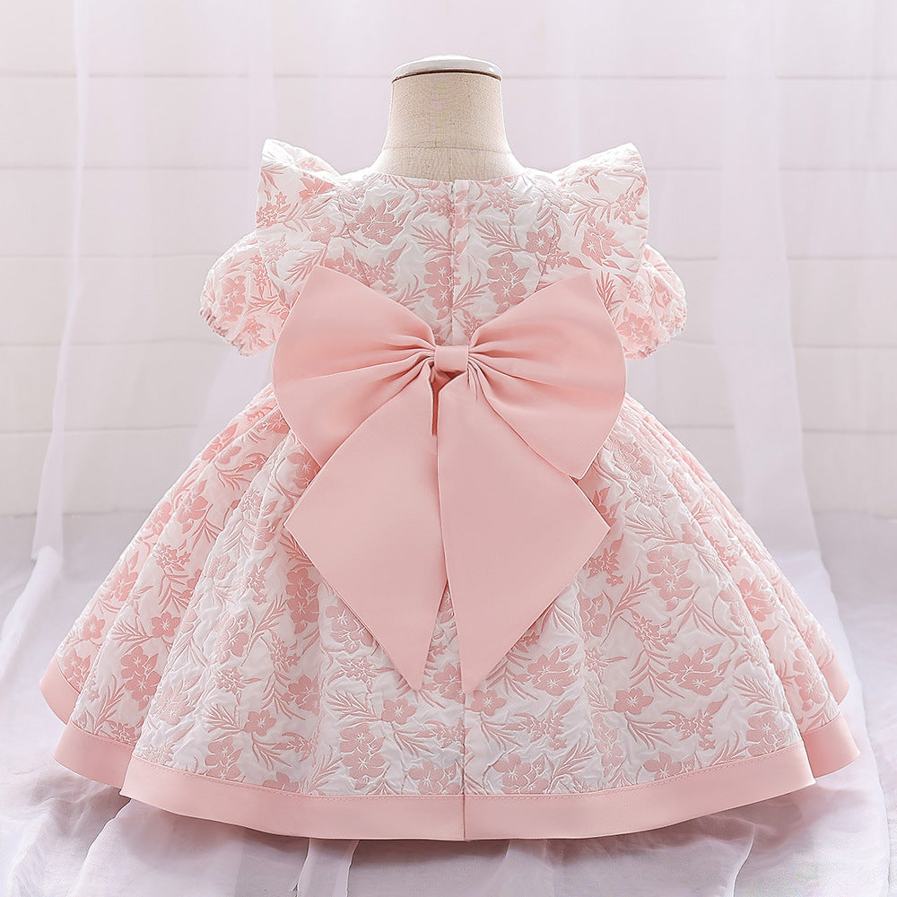 Cute Light Pink Floral A-Line Baby Dress with Puff Sleeves – Perfect for Parties & Photo Shoots