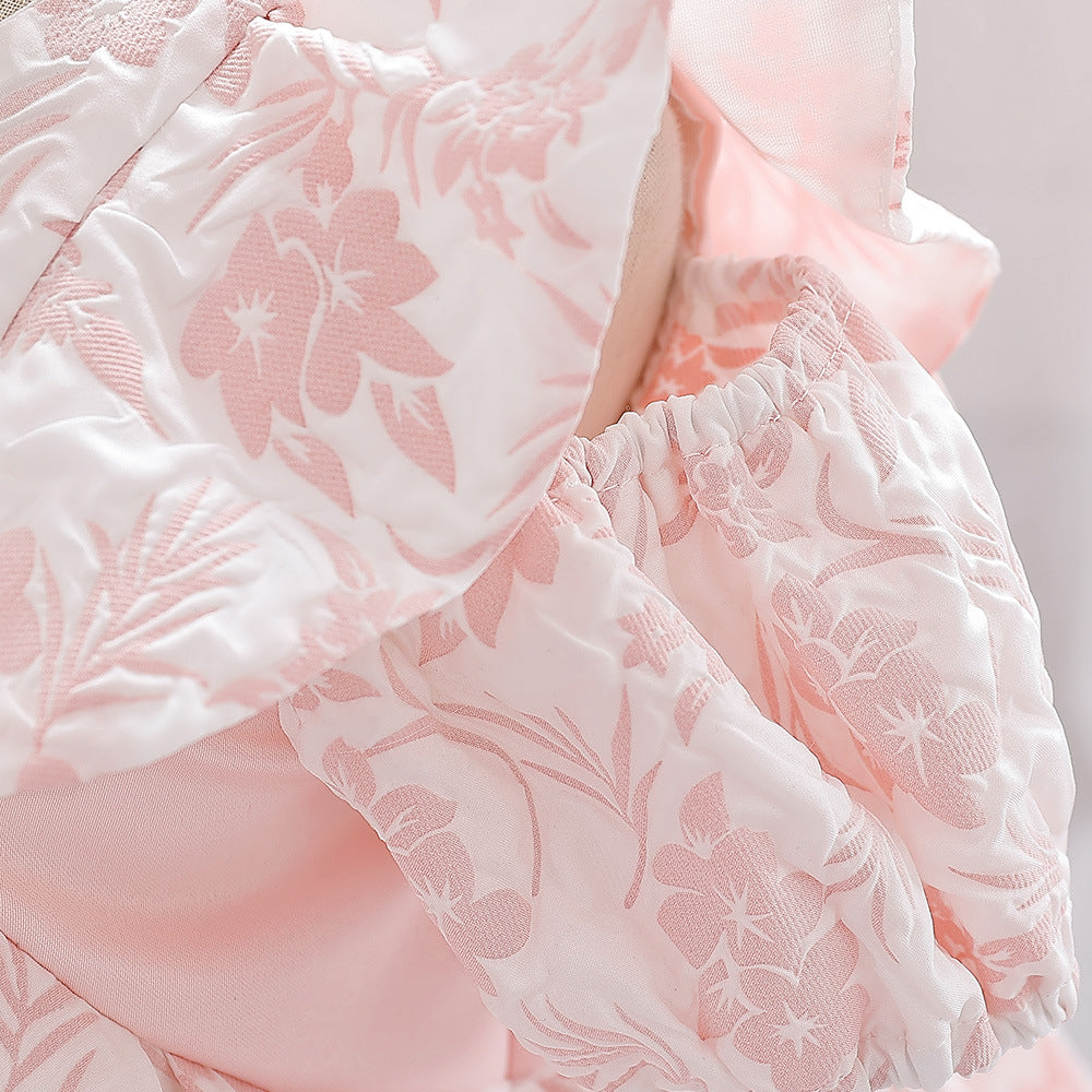Cute Light Pink Floral A-Line Baby Dress with Puff Sleeves – Perfect for Parties & Photo Shoots