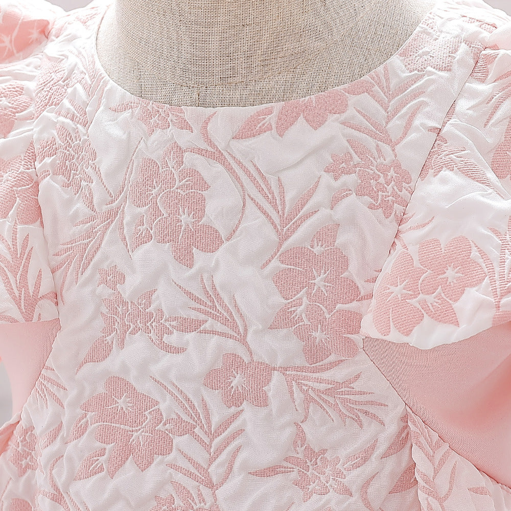Cute Light Pink Floral A-Line Baby Dress with Puff Sleeves – Perfect for Parties & Photo Shoots
