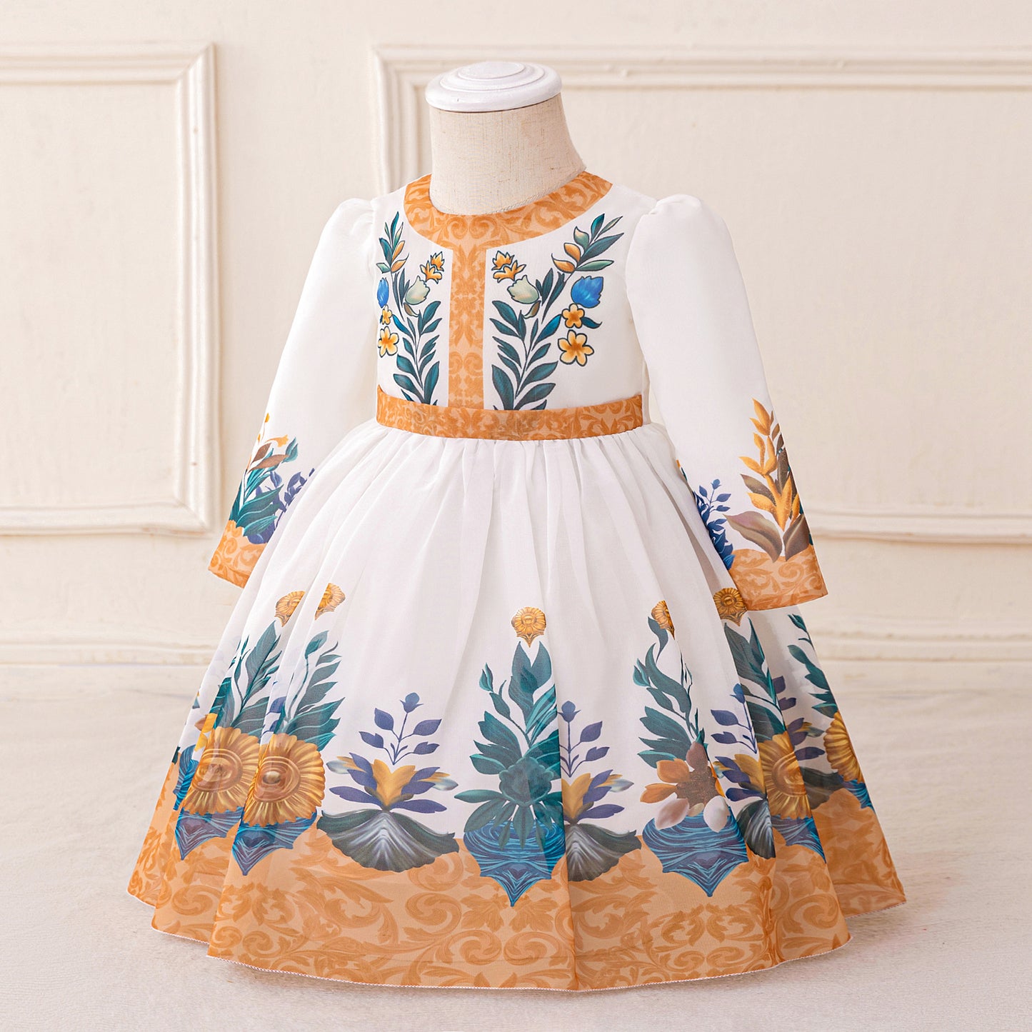 Floral Maxi Puffy Princess Dress for Girls | Long Sleeve Printed Ball Gown