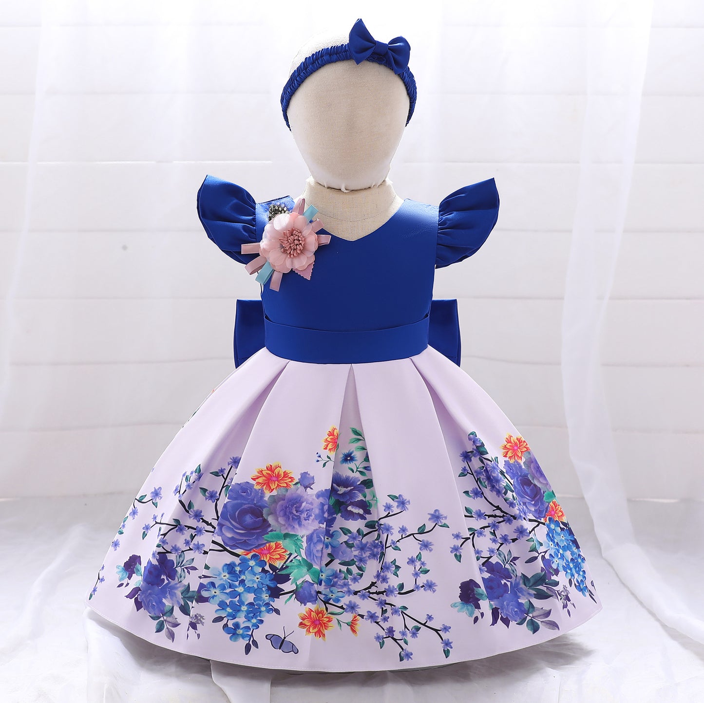 Satin Floral Print Princess Ball Gown for Girls – Birthday & Flower Girl Dress with Headband