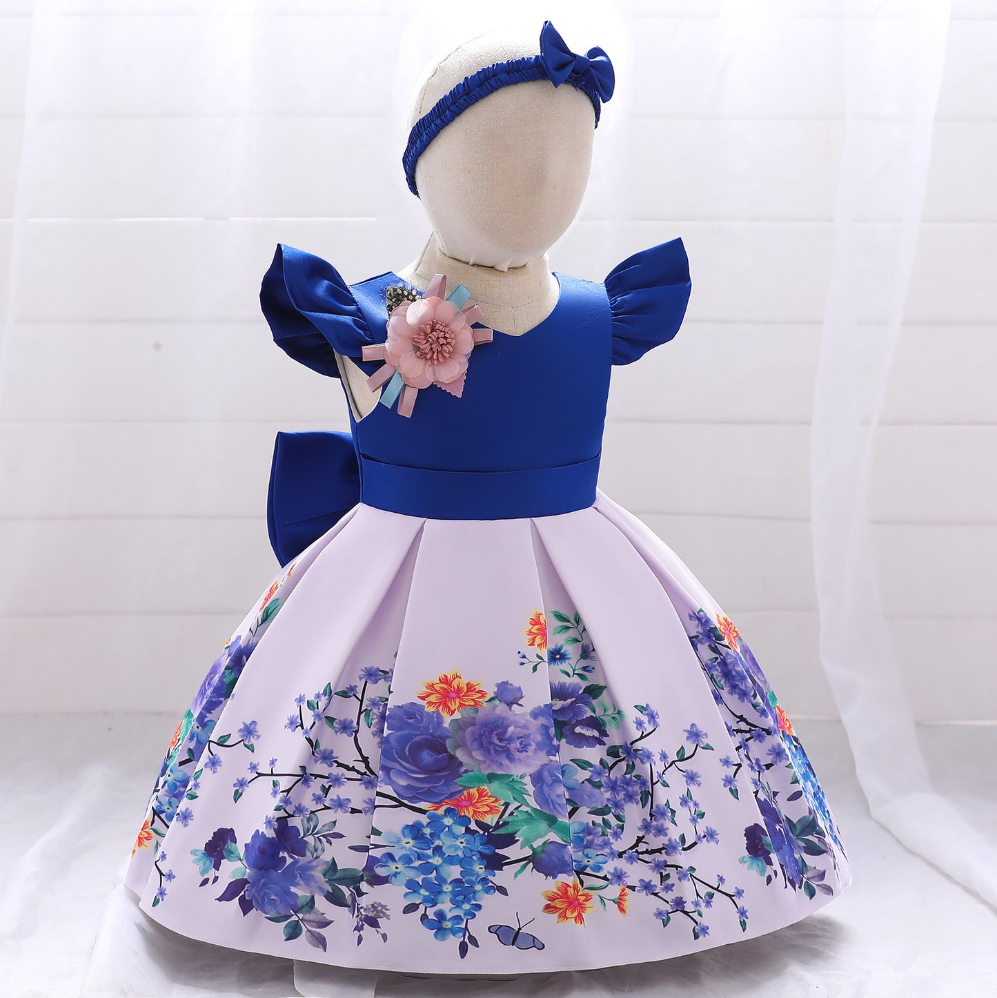 Satin Floral Print Princess Ball Gown for Girls – Birthday & Flower Girl Dress with Headband