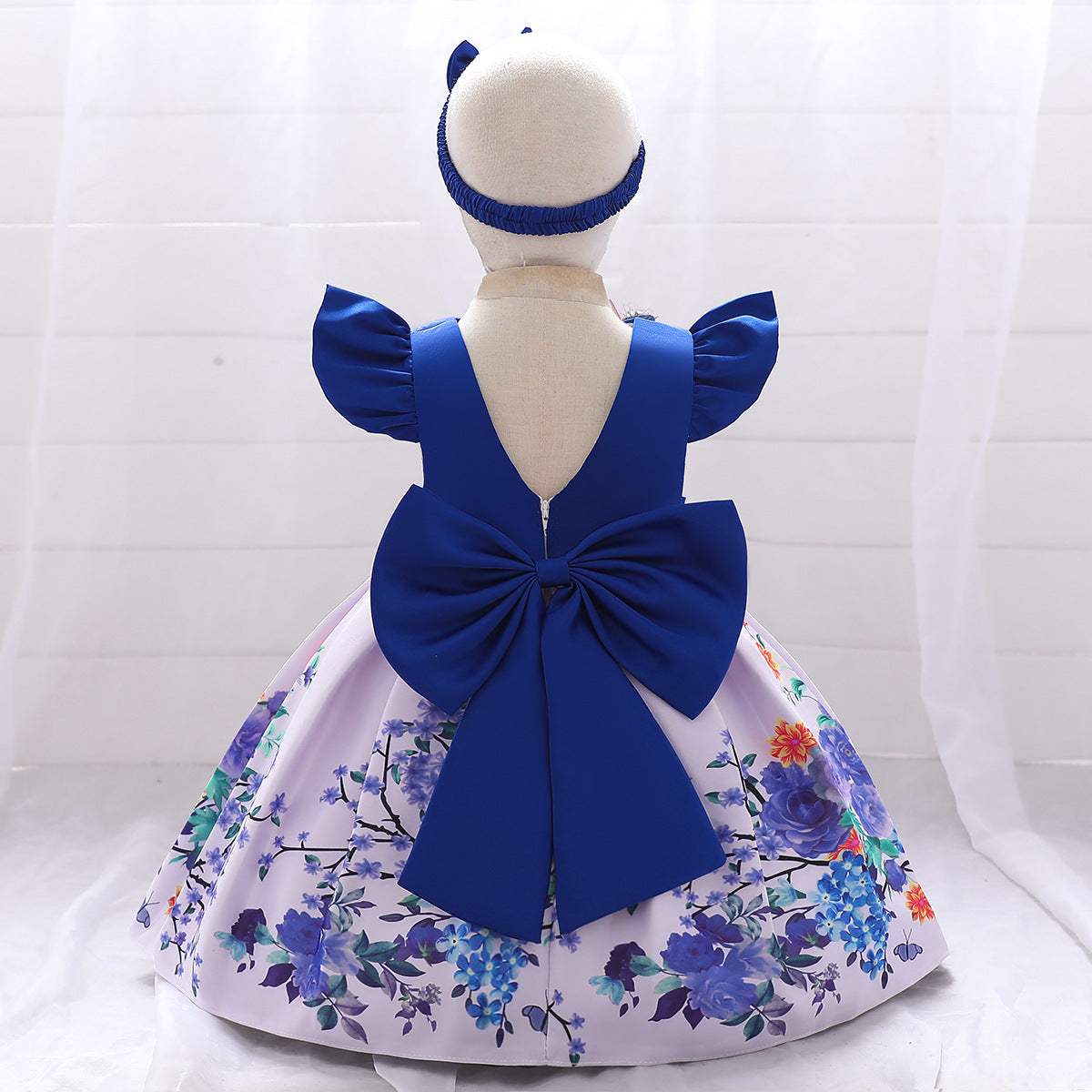Satin Floral Print Princess Ball Gown for Girls – Birthday & Flower Girl Dress with Headband