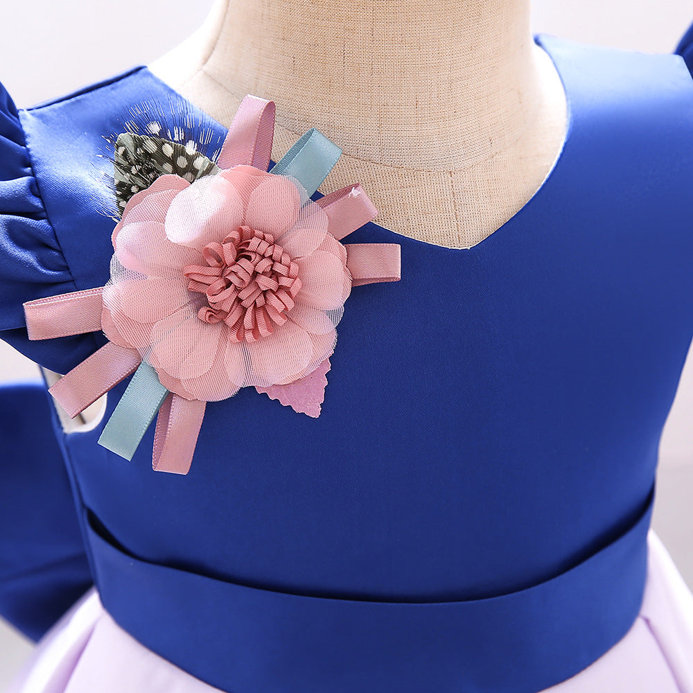 Satin Floral Print Princess Ball Gown for Girls – Birthday & Flower Girl Dress with Headband