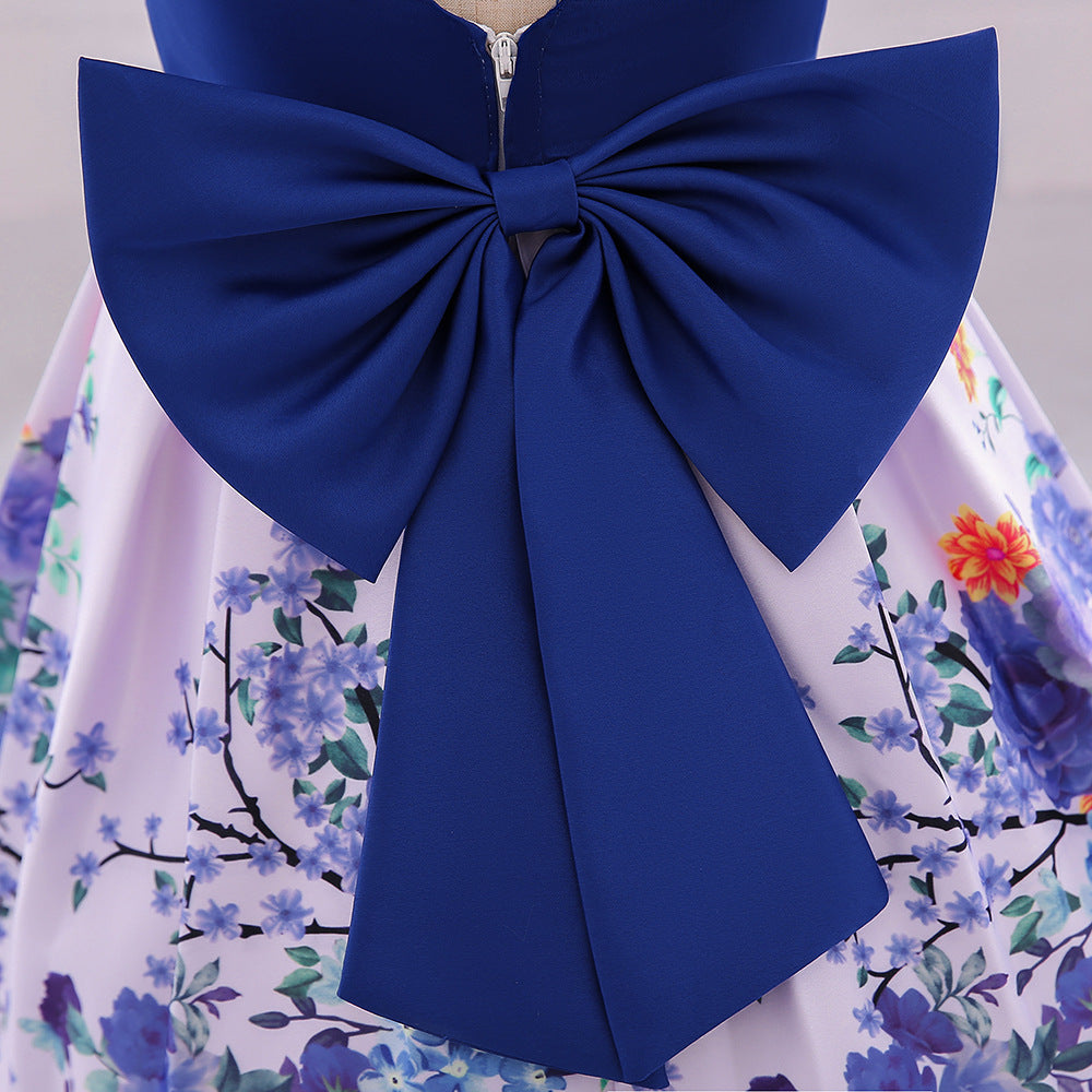 Satin Floral Print Princess Ball Gown for Girls – Birthday & Flower Girl Dress with Headband