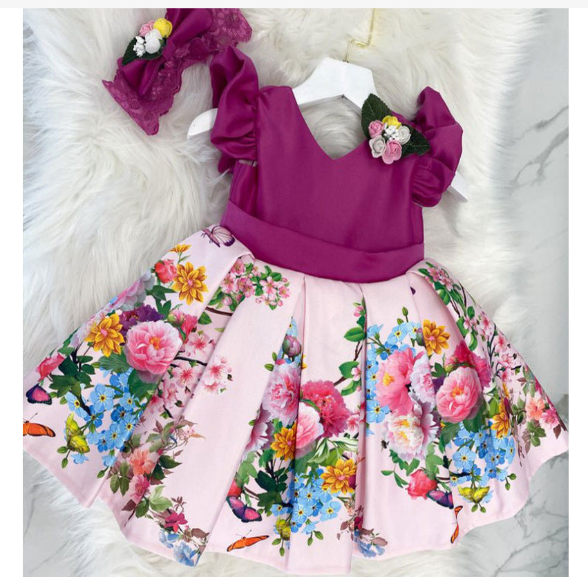 Satin Floral Print Princess Ball Gown for Girls – Birthday & Flower Girl Dress with Headband
