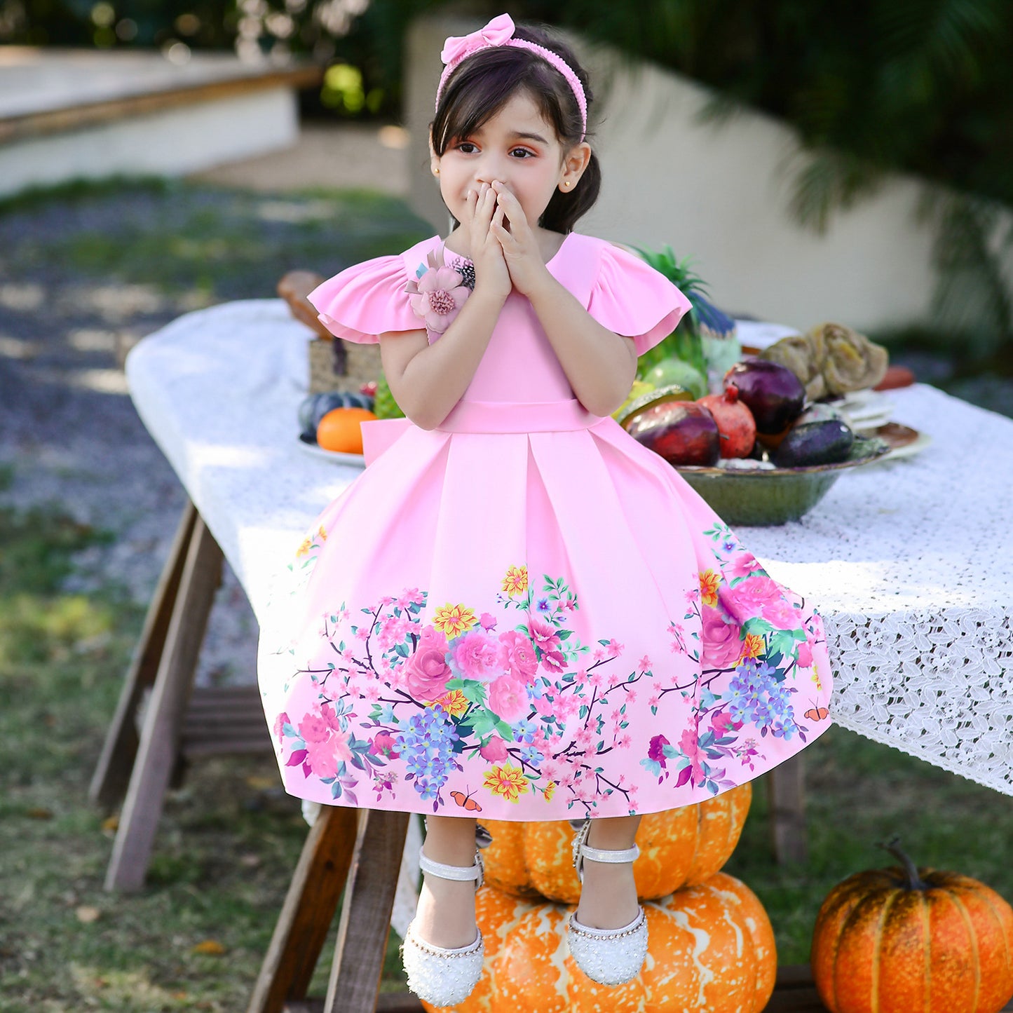Satin Floral Print Princess Ball Gown for Girls – Birthday & Flower Girl Dress with Headband