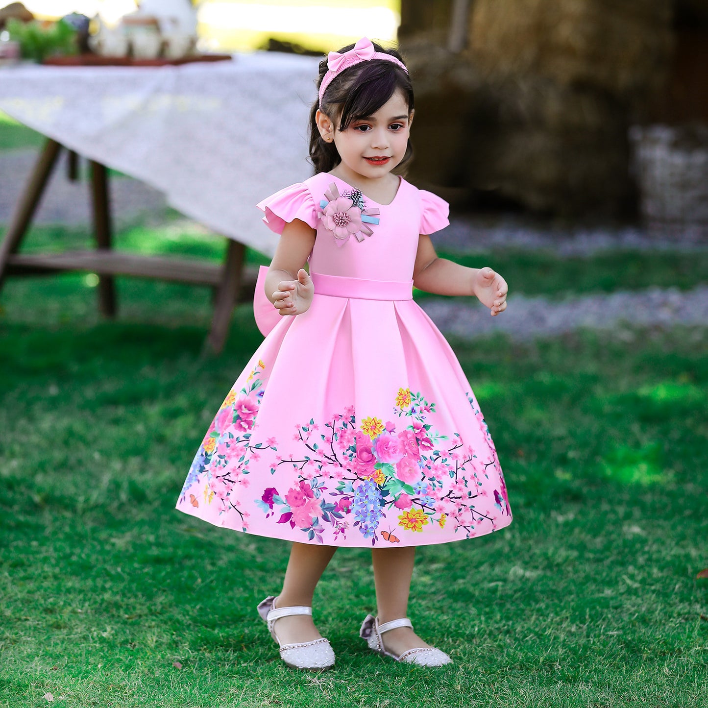 Satin Floral Print Princess Ball Gown for Girls – Birthday & Flower Girl Dress with Headband