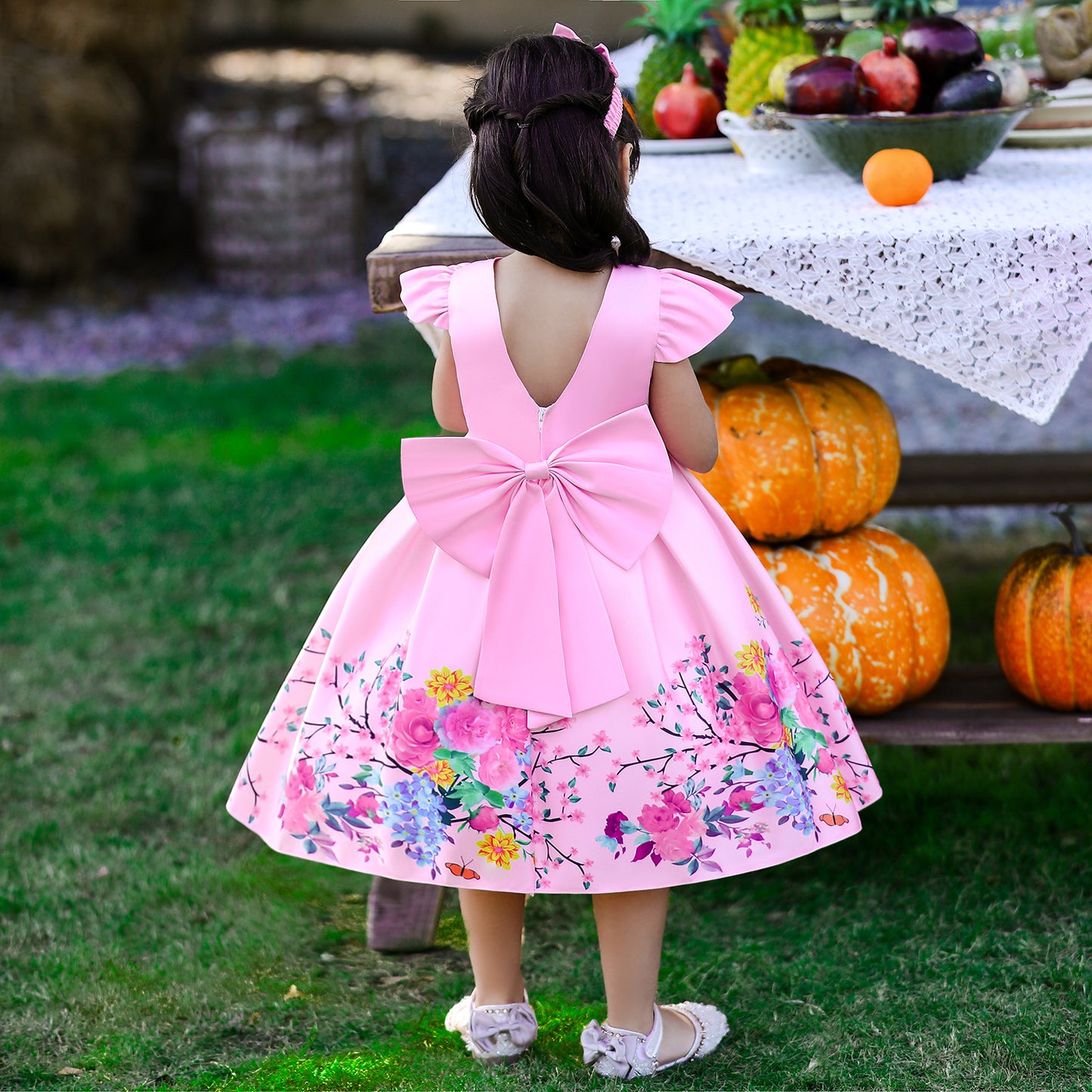 Satin Floral Print Princess Ball Gown for Girls – Birthday & Flower Girl Dress with Headband