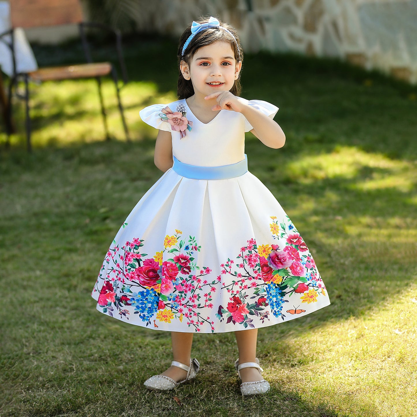Satin Floral Print Princess Ball Gown for Girls – Birthday & Flower Girl Dress with Headband