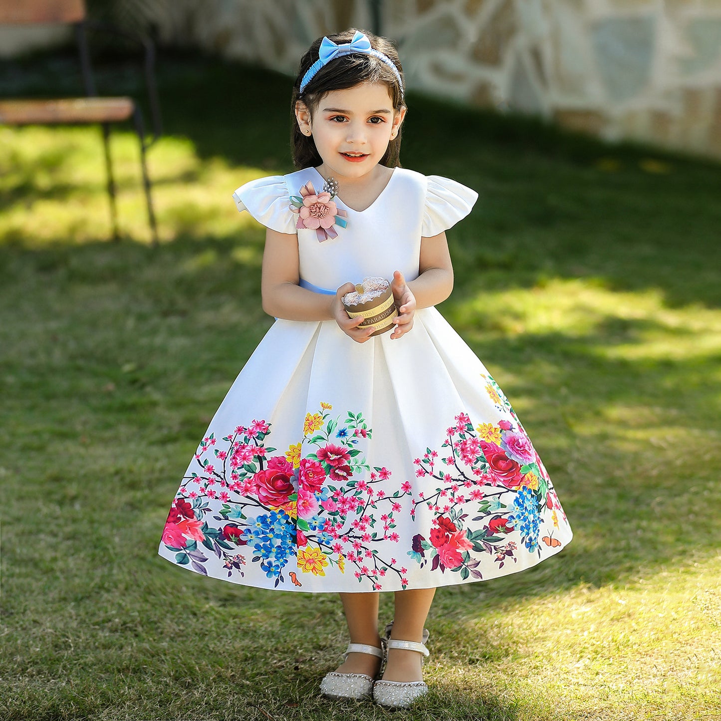 Satin Floral Print Princess Ball Gown for Girls – Birthday & Flower Girl Dress with Headband