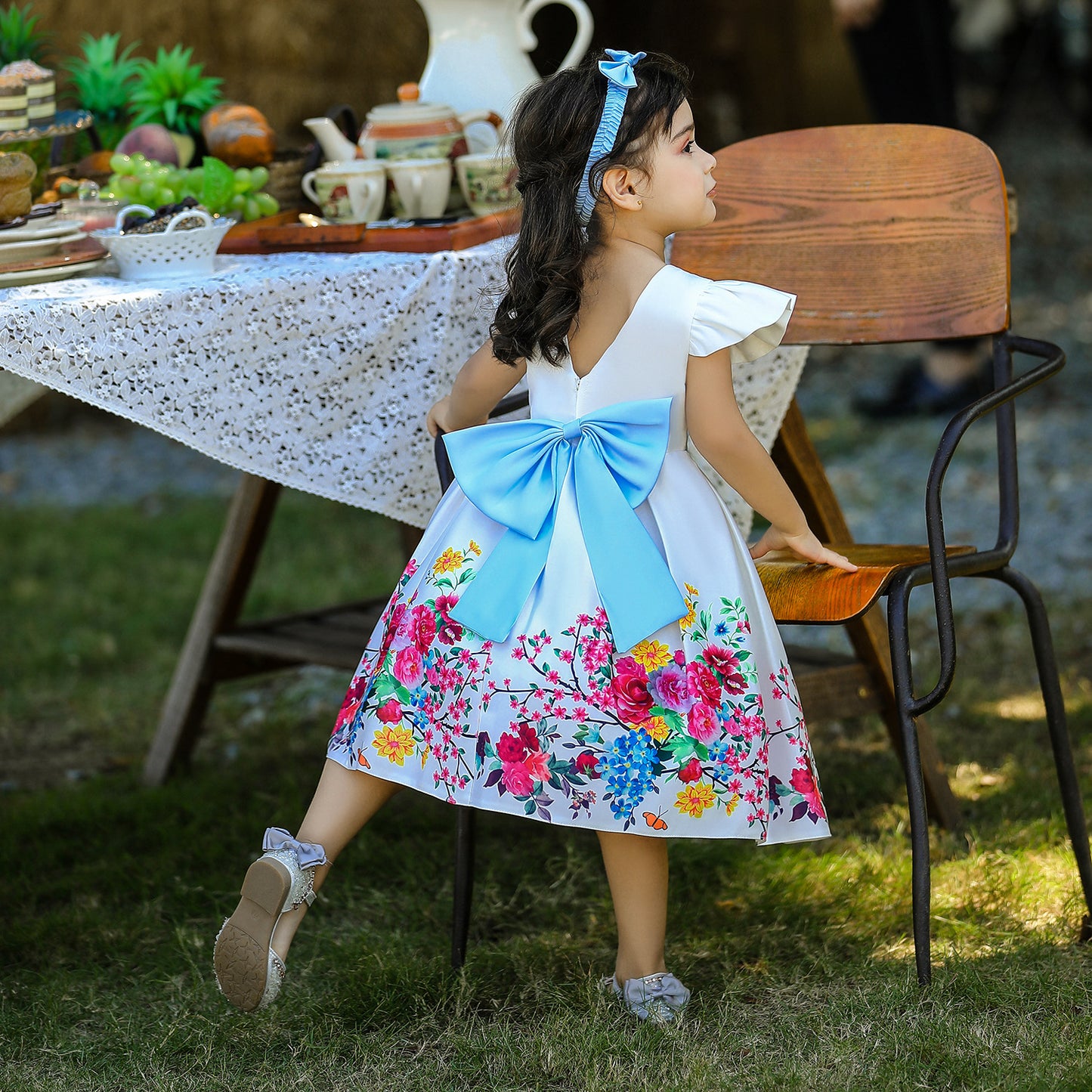 Satin Floral Print Princess Ball Gown for Girls – Birthday & Flower Girl Dress with Headband