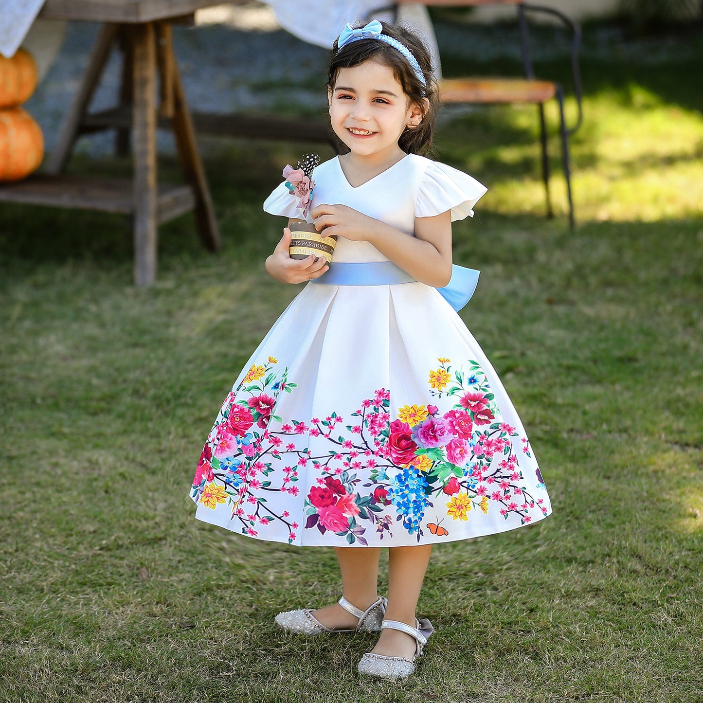 Satin Floral Print Princess Ball Gown for Girls – Birthday & Flower Girl Dress with Headband