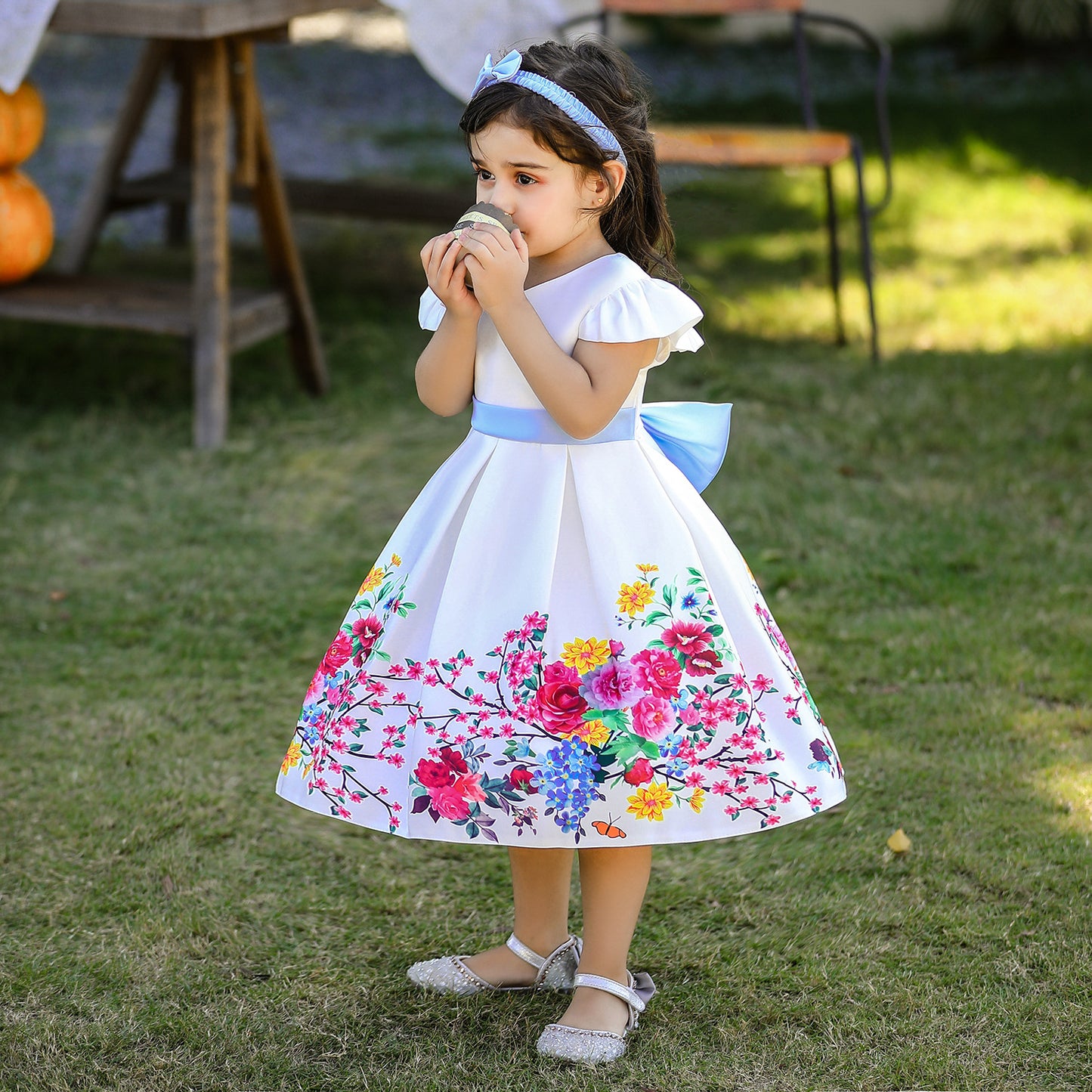 Satin Floral Print Princess Ball Gown for Girls – Birthday & Flower Girl Dress with Headband