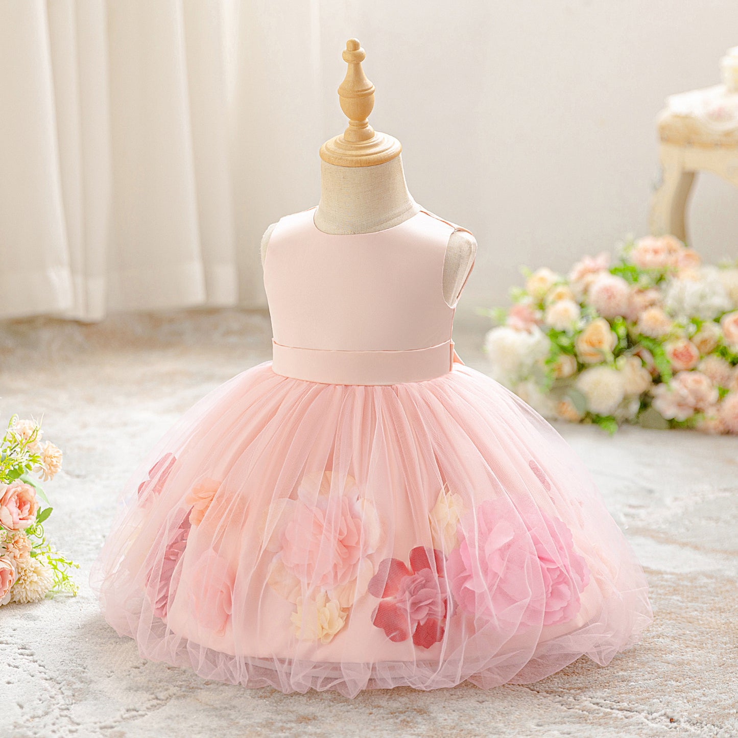 Light Pink Floral Puffy Princess Dress for Girls, Tea-Length Ball Gown