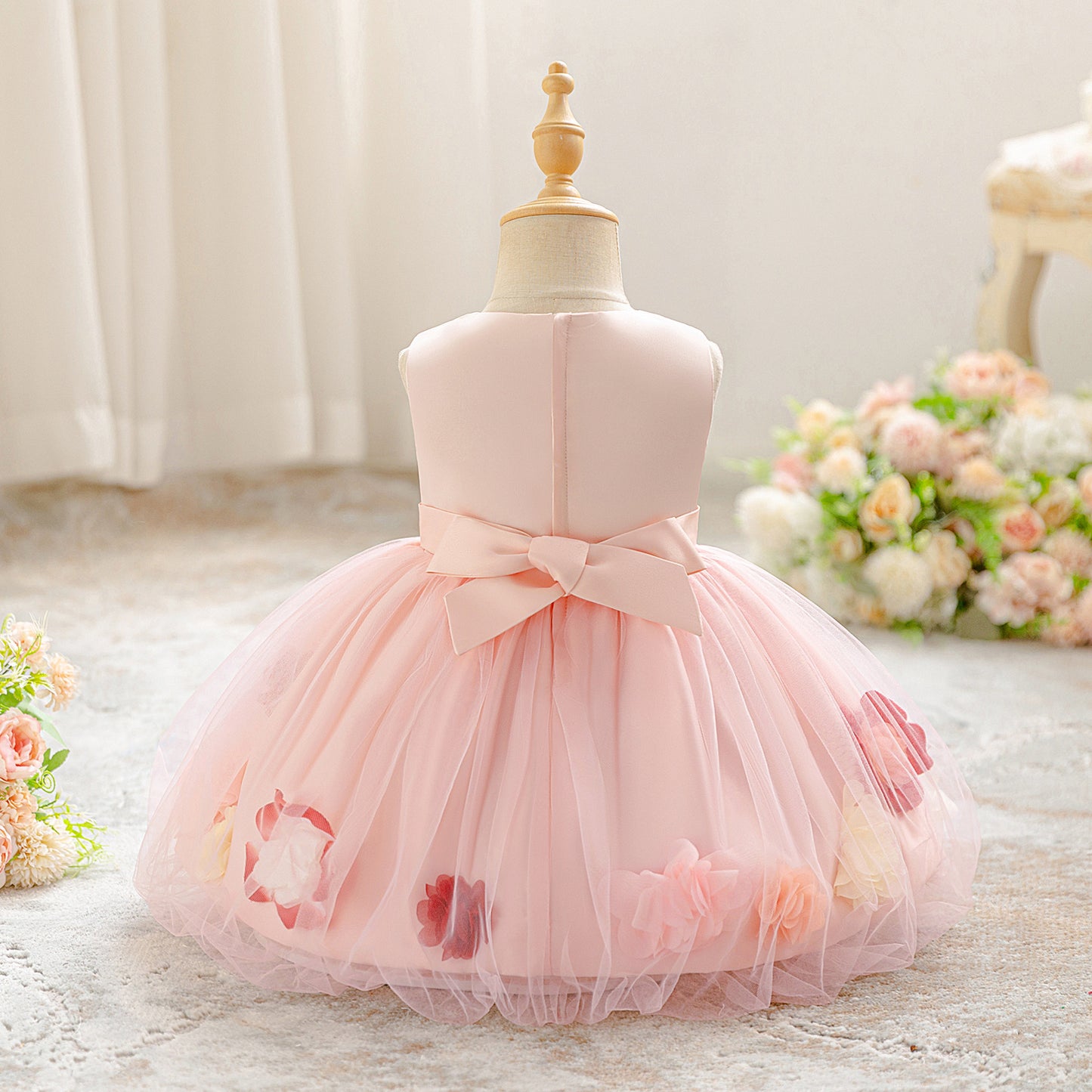 Light Pink Floral Puffy Princess Dress for Girls, Tea-Length Ball Gown