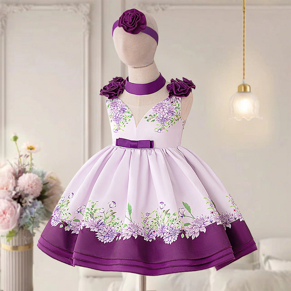 Girls' Puffy Floral Satin Ball Gown – Tea Length Party & Celebration Dress