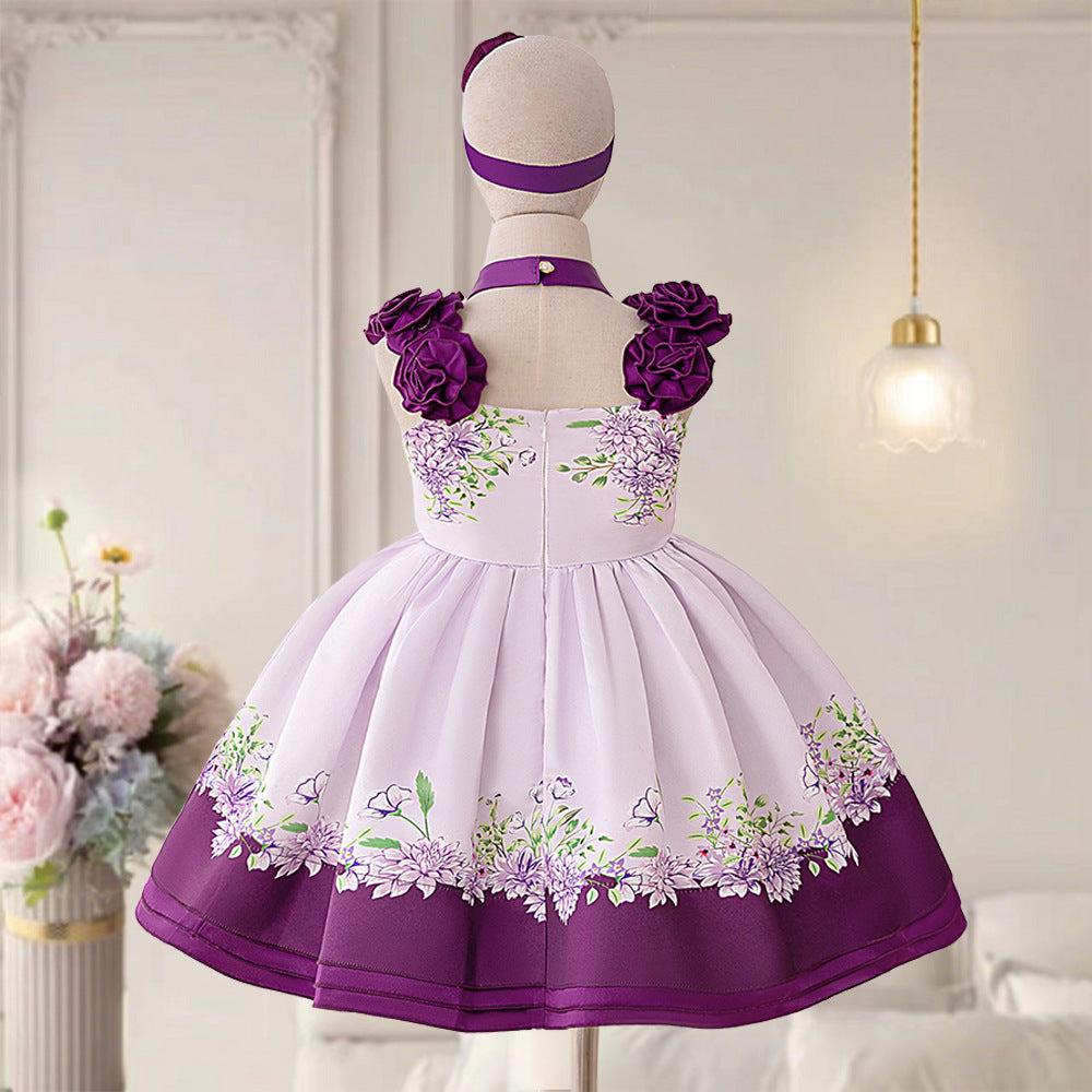 Girls' Puffy Floral Satin Ball Gown – Tea Length Party & Celebration Dress