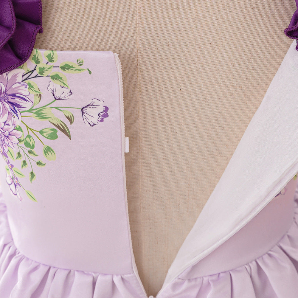 Girls' Puffy Floral Satin Ball Gown – Tea Length Party & Celebration Dress