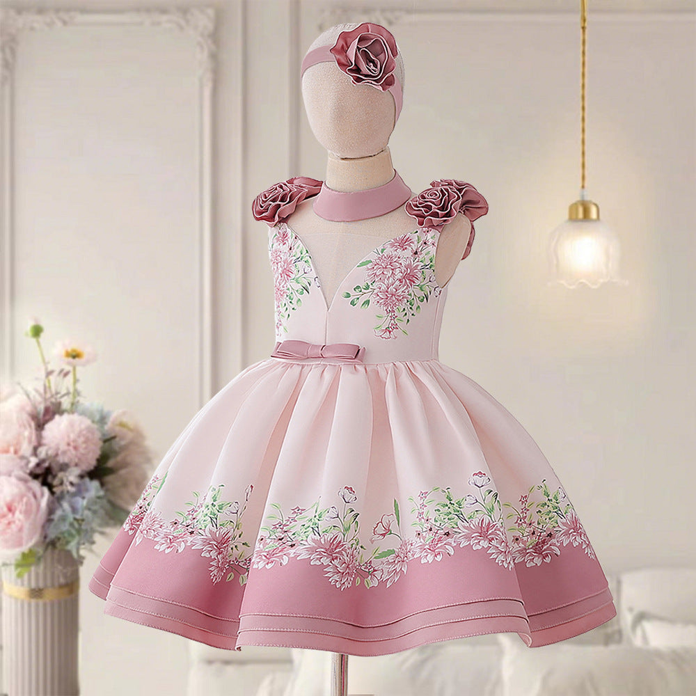 Girls' Puffy Floral Satin Ball Gown – Tea Length Party & Celebration Dress