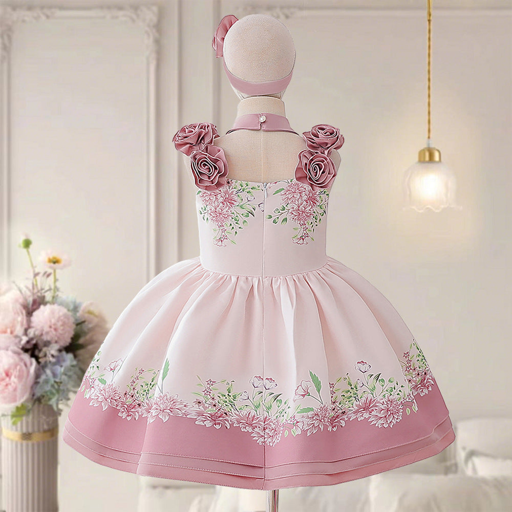 Girls' Puffy Floral Satin Ball Gown – Tea Length Party & Celebration Dress