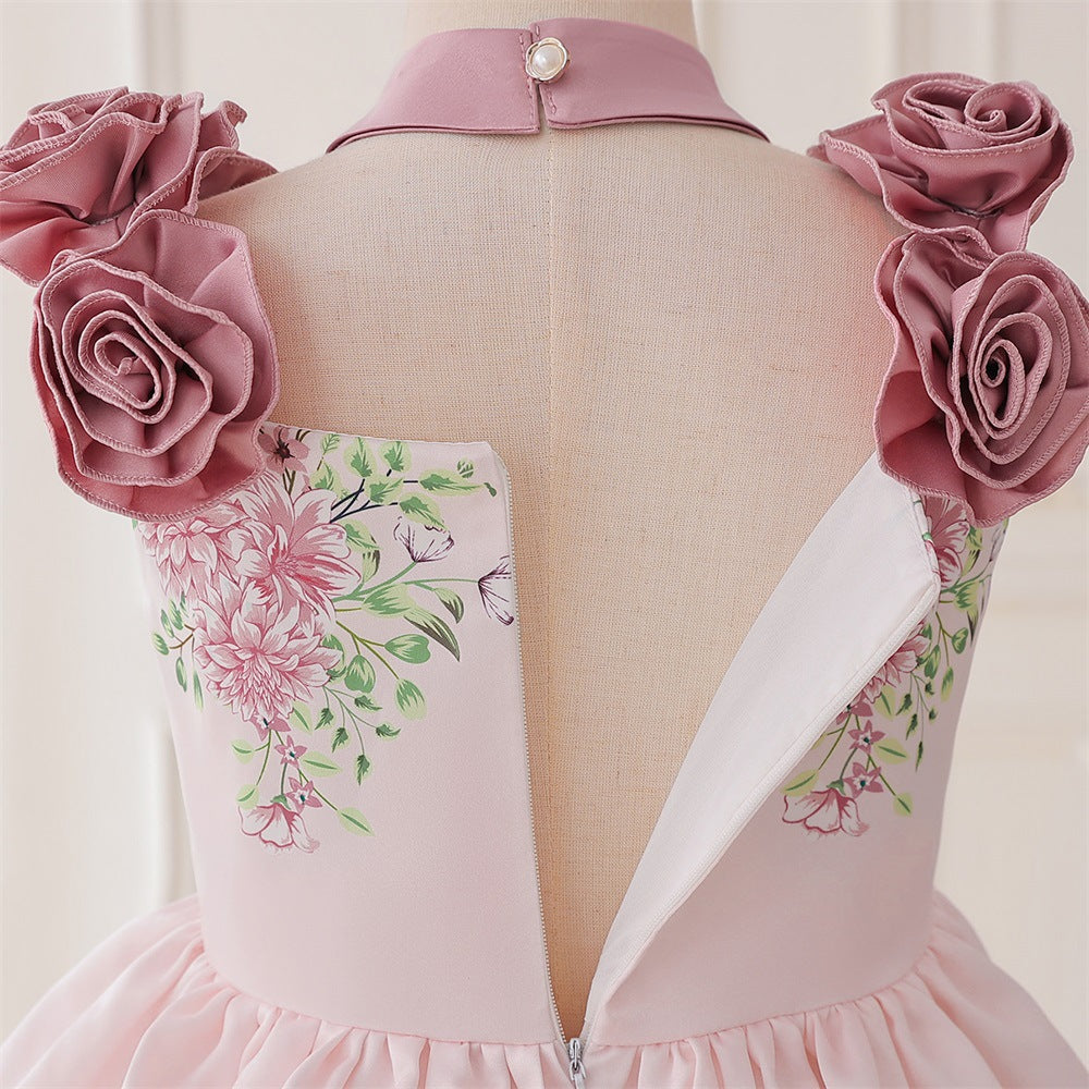 Girls' Puffy Floral Satin Ball Gown – Tea Length Party & Celebration Dress