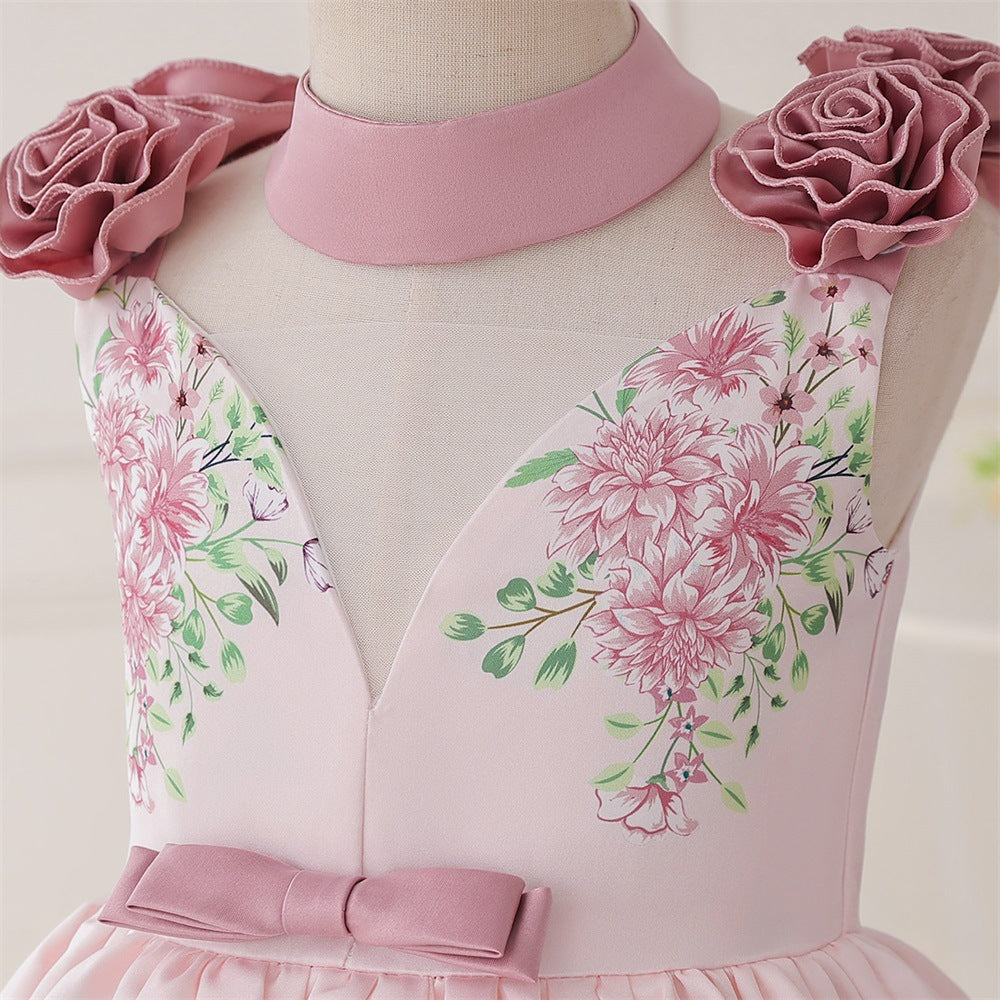 Girls' Puffy Floral Satin Ball Gown – Tea Length Party & Celebration Dress