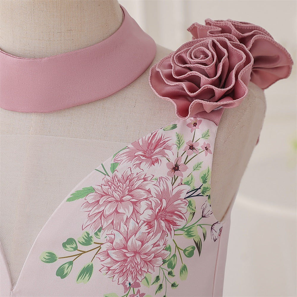 Girls' Puffy Floral Satin Ball Gown – Tea Length Party & Celebration Dress