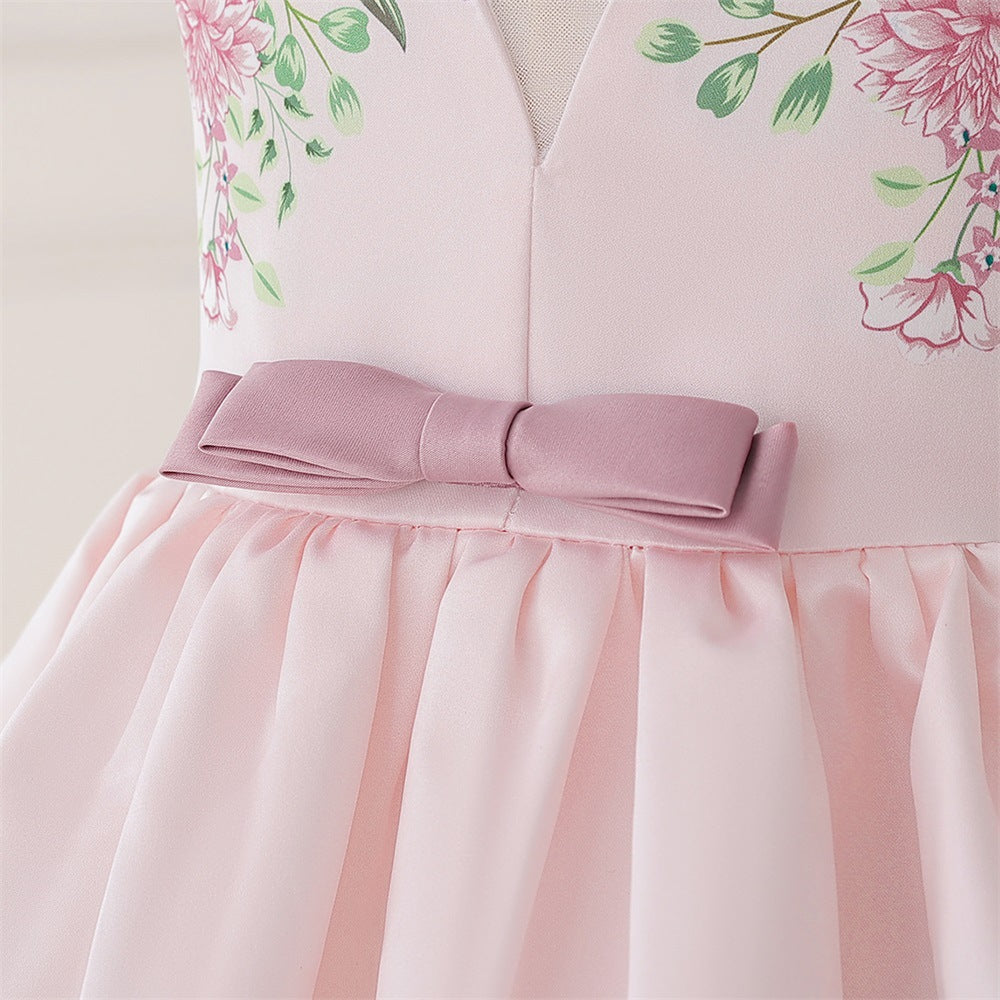 Girls' Puffy Floral Satin Ball Gown – Tea Length Party & Celebration Dress