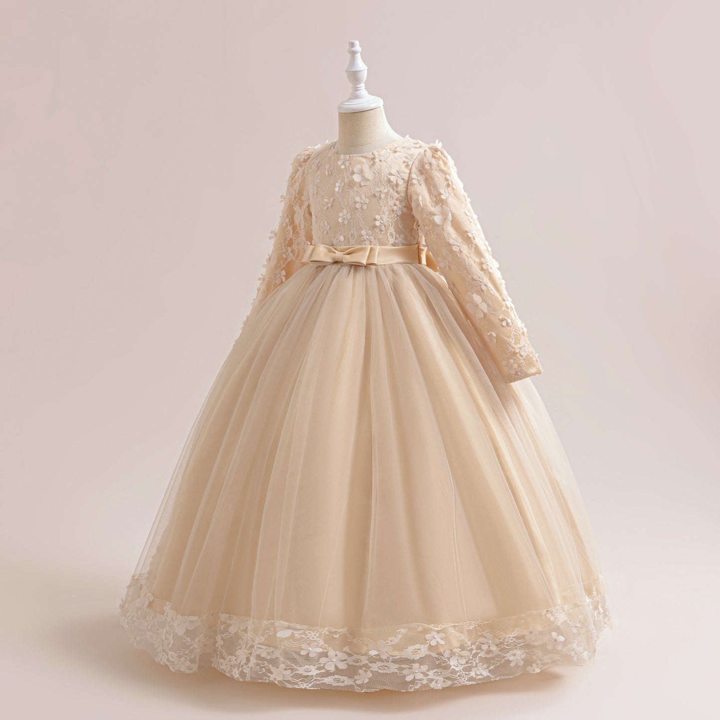 Cute Girls' Maxi A-line Lace Flower Party Dress – Princess Long Sleeve Gown for Special Occasions