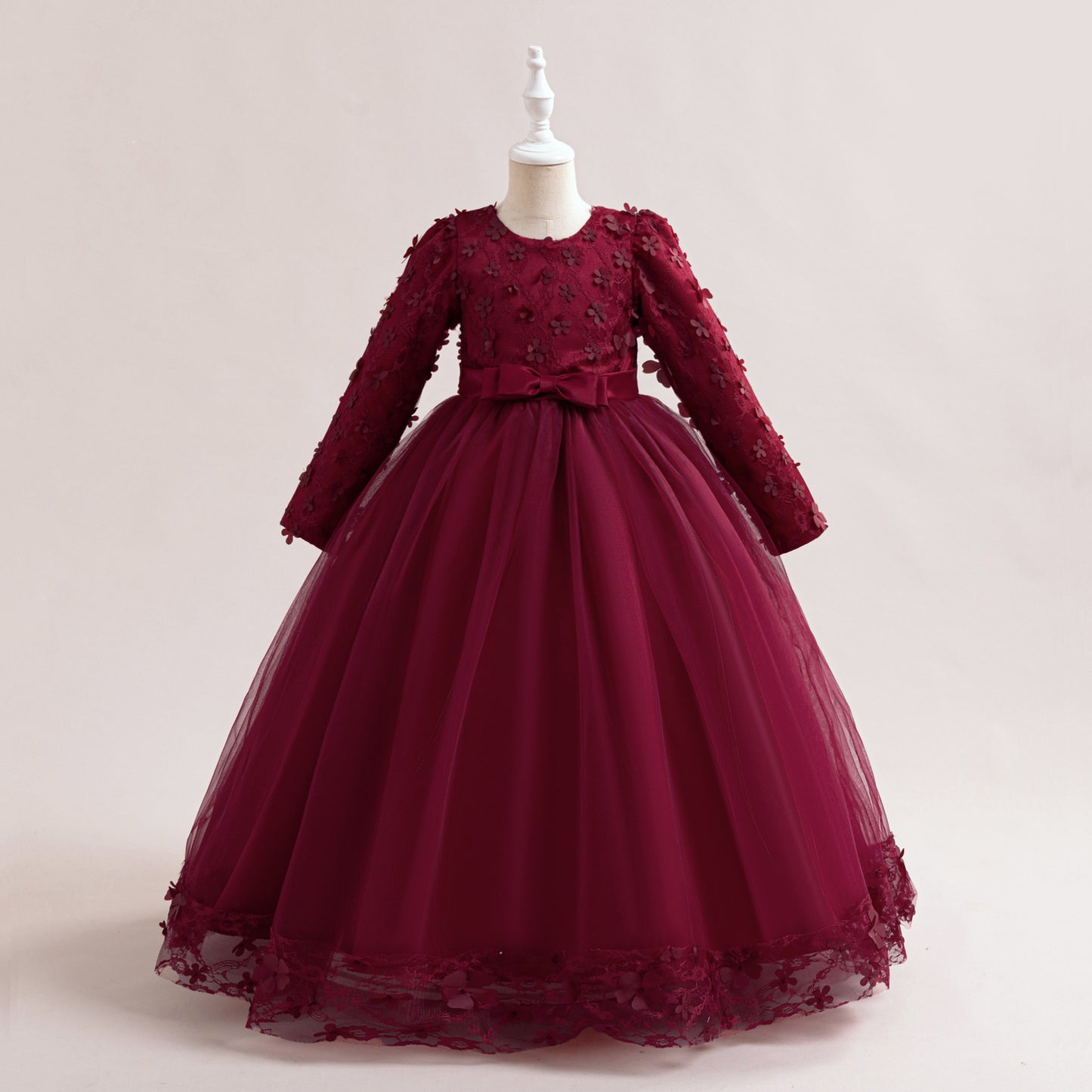 Cute Girls' Maxi A-line Lace Flower Party Dress – Princess Long Sleeve Gown for Special Occasions