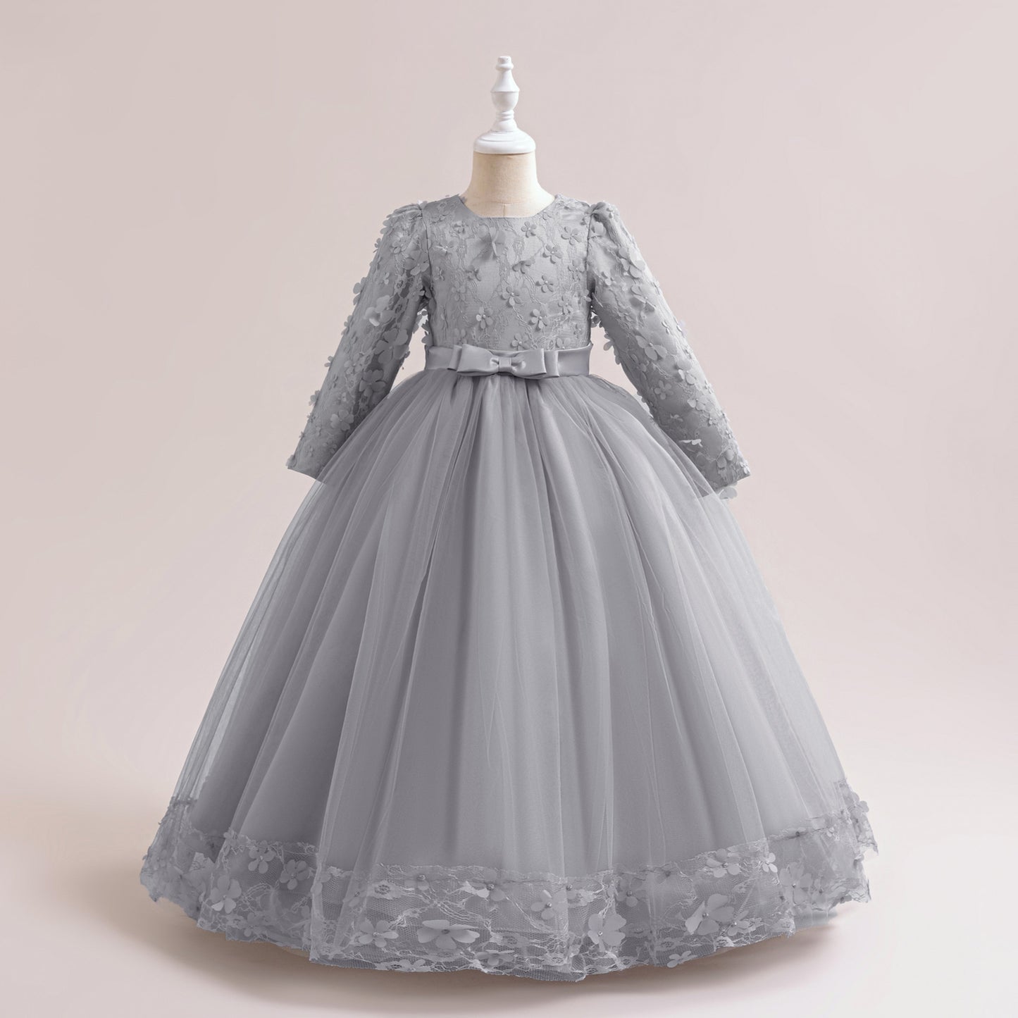 Cute Girls' Maxi A-line Lace Flower Party Dress – Princess Long Sleeve Gown for Special Occasions