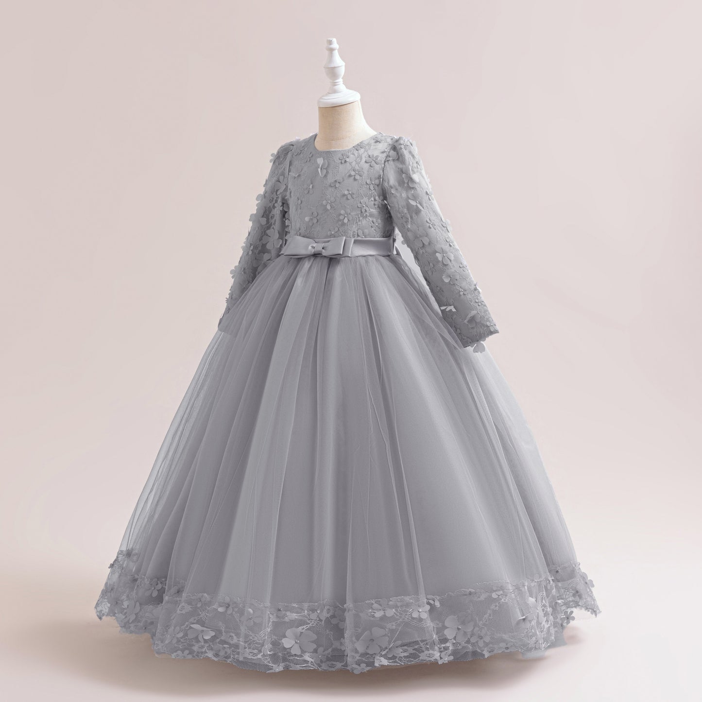 Cute Girls' Maxi A-line Lace Flower Party Dress – Princess Long Sleeve Gown for Special Occasions
