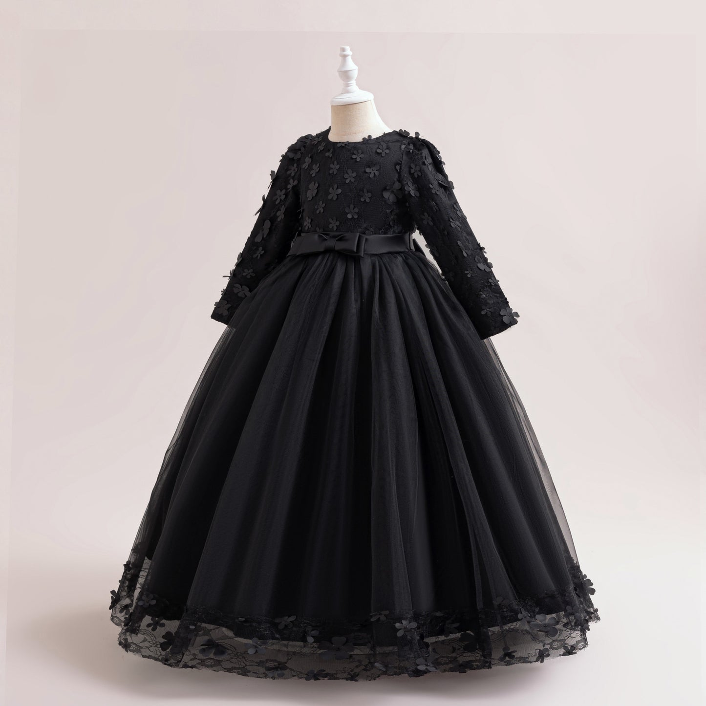 Cute Girls' Maxi A-line Lace Flower Party Dress – Princess Long Sleeve Gown for Special Occasions